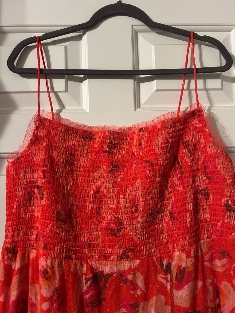 Anthropologie Coral-Red Floral Mesh Tiered Dress - Picture 5 of 11